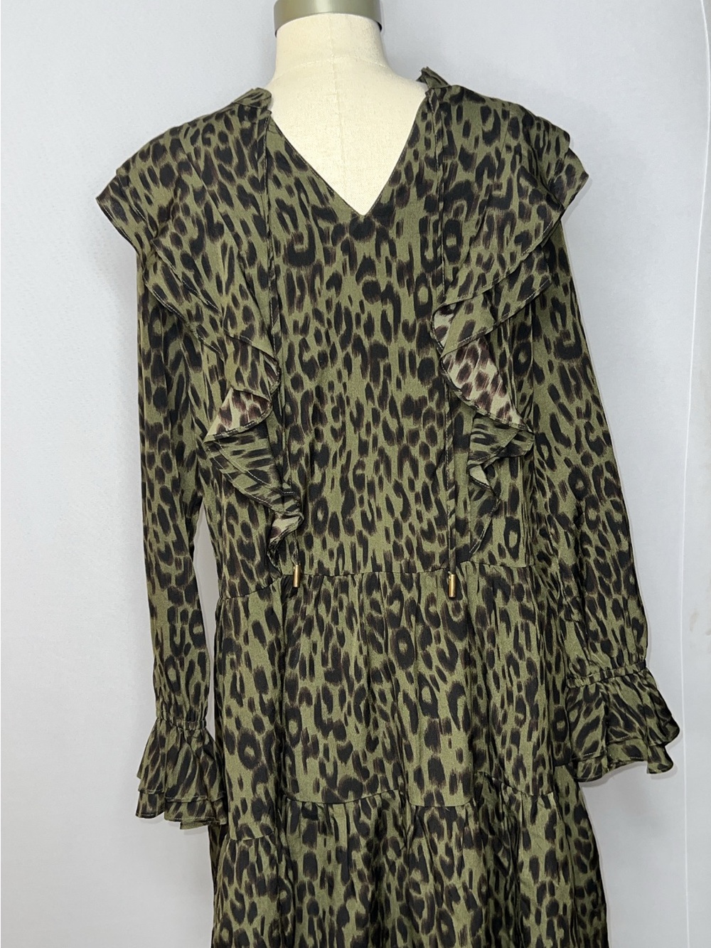 THML Olive Green Leopard Ruffle V-Neck Blouse